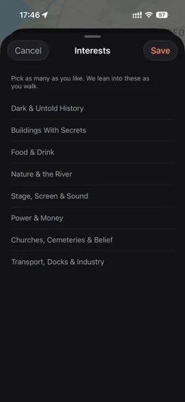 Wanderwalk interests picker with categories like Dark & Untold History and Buildings With Secrets
