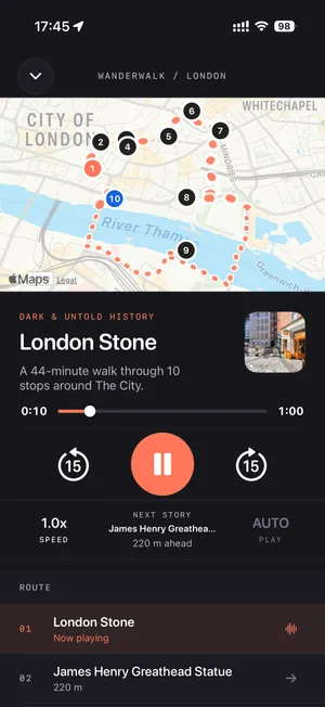 Wanderwalk now-playing screen for the London Stone story with map, controls and the route list