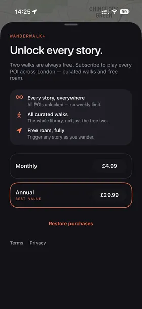 Wanderwalk+ paywall showing Monthly £4.99 and Annual £29.99 plans