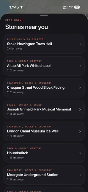 Wanderwalk free-roam screen listing stories near you with distances across London