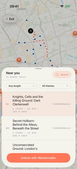 The WanderWalk Walks screen listing curated London walks over a map of the route