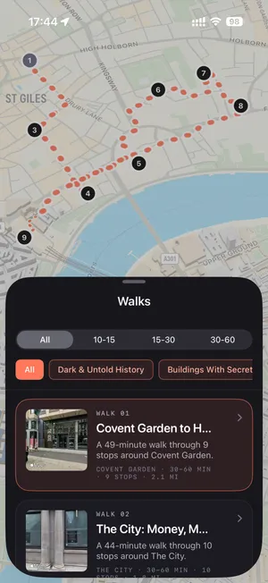 Wanderwalk Walks screen listing curated London walks over a map of the route